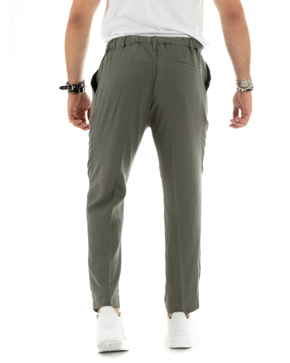 Pantaloni Uomo Lino Con Tasca America Basic Con Coulisse Elastico Sul Retro Casual Verde GIOSAL-P5835A