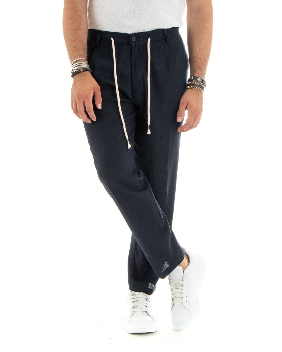 Pantaloni Uomo Lino Con Tasca America Basic Con Coulisse Elastico Sul Retro Casual Tinta Unita Blu GIOSAL-P5837A