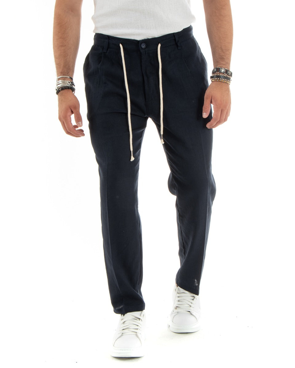 Pantaloni Uomo Lino Tasca America Basic Con Coulisse Elastico Sul Retro Casual Tinta Unita Blu GIOSAL-P5837A