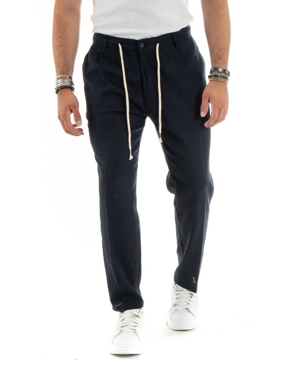 Pantaloni Uomo Lino Con Tasca America Basic Con Coulisse Elastico Sul Retro Casual Tinta Unita Blu GIOSAL-P5837A