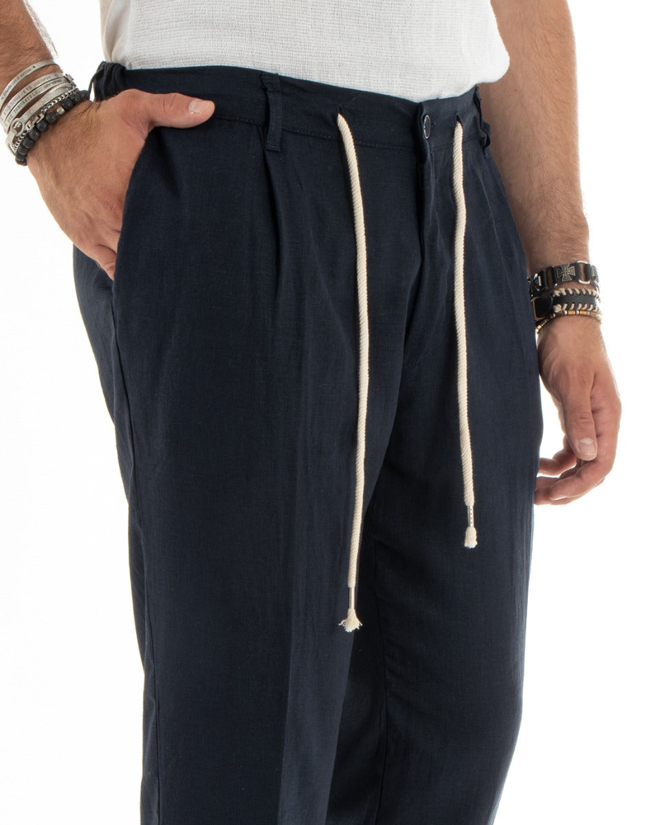 Pantaloni Uomo Lino Con Tasca America Basic Con Coulisse Elastico Sul Retro Casual Tinta Unita Blu GIOSAL-P5837A