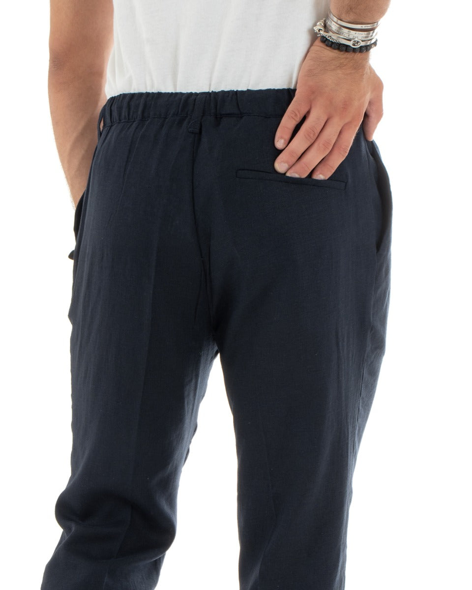Pantaloni Uomo Lino Con Tasca America Basic Con Coulisse Elastico Sul Retro Casual Tinta Unita Blu GIOSAL-P5837A