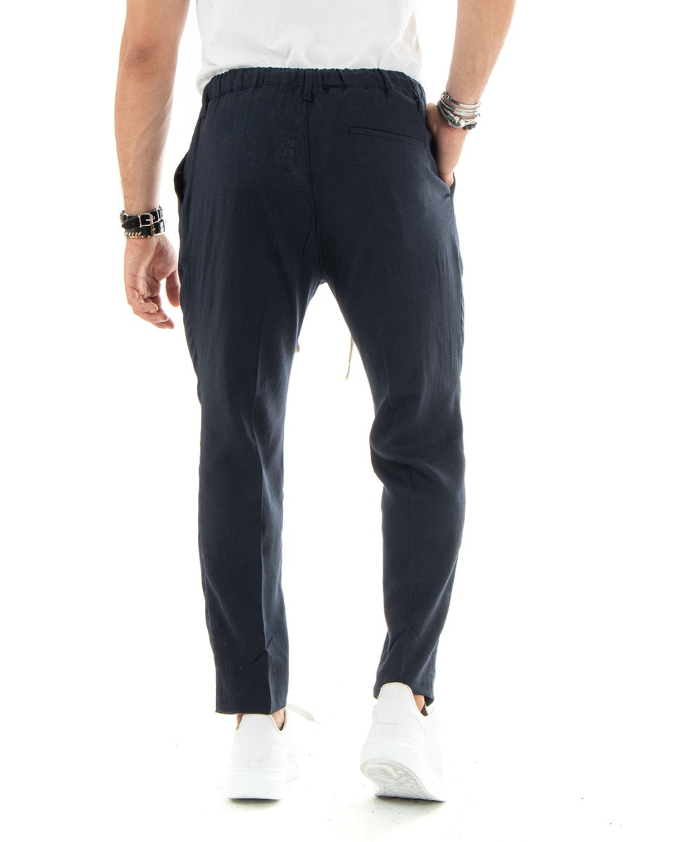 Pantaloni Uomo Lino Con Tasca America Basic Con Coulisse Elastico Sul Retro Casual Tinta Unita Blu GIOSAL-P5837A