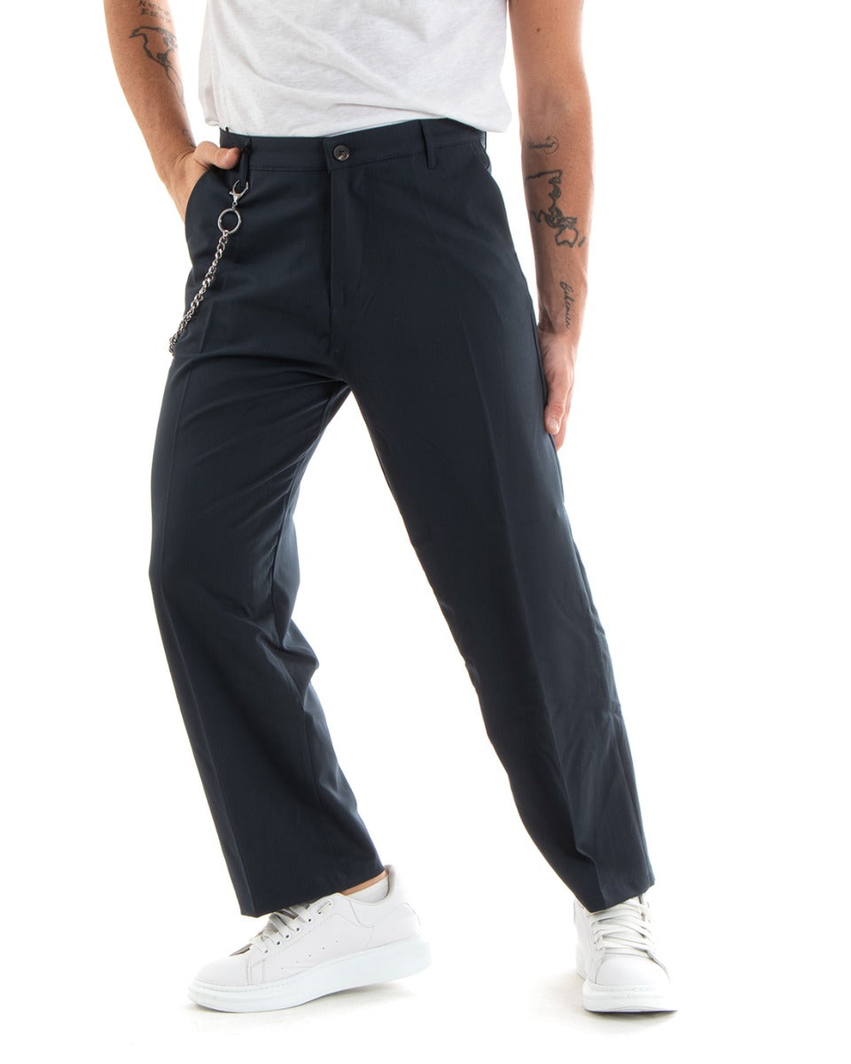 Pantaloni Uomo Viscosa Lungo Wide Leg Largo Casual Elegante Tinta Unita Blu GIOSAL-P5848A