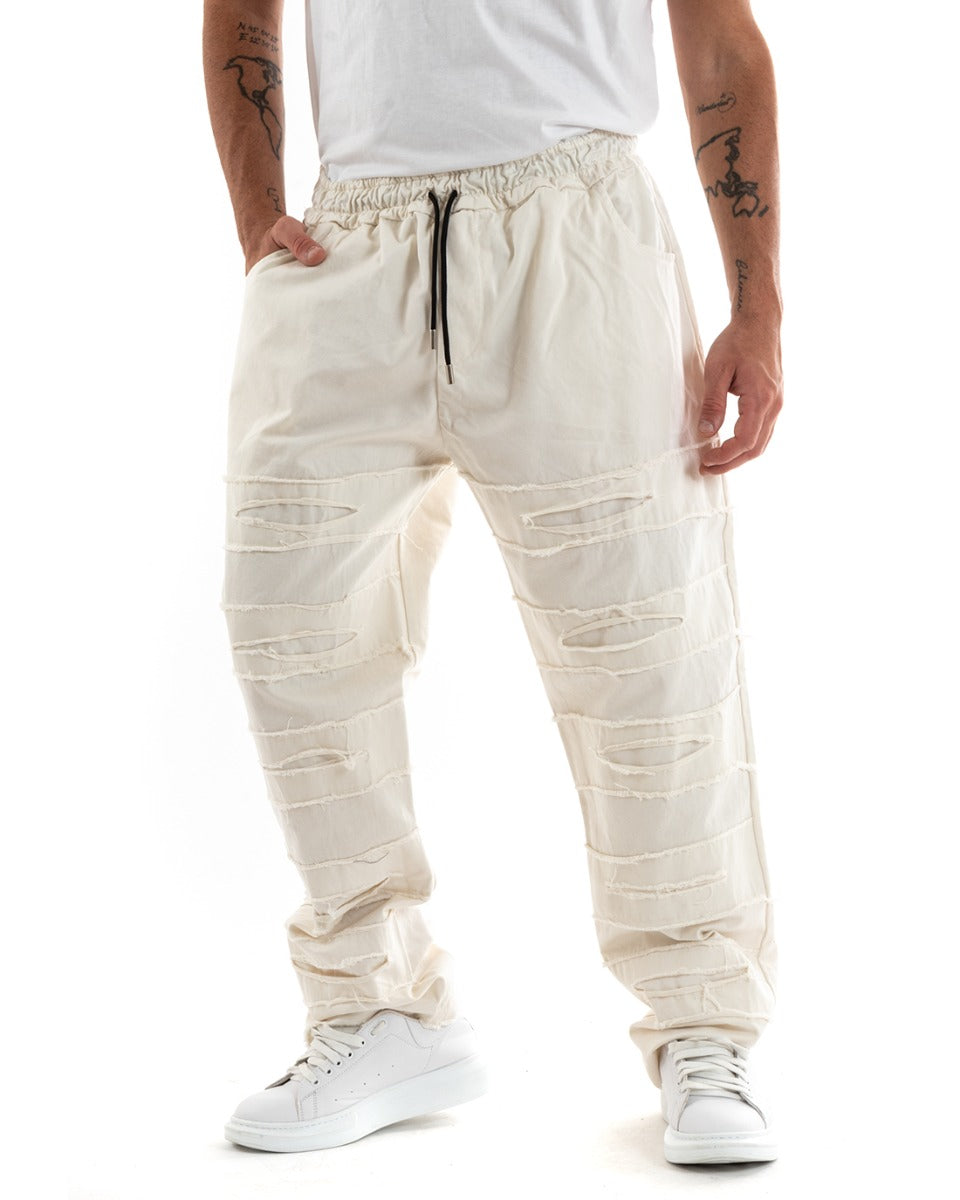 Pantaloni Uomo Denim Jogger Con Rotture Sfrangiato Pantalaccio Con Coulisse Ripped Casual Tinta Unita Panna GIOSAL-P5850A