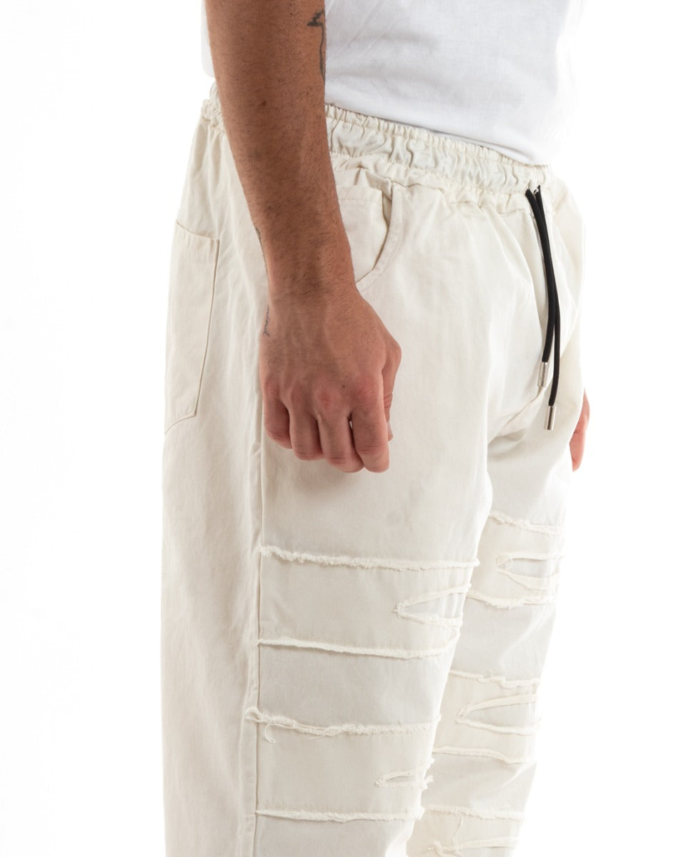 Pantaloni Uomo Pantalaccio Lungo Rotture Ripped Casual Panna GIOSAL-P5850A