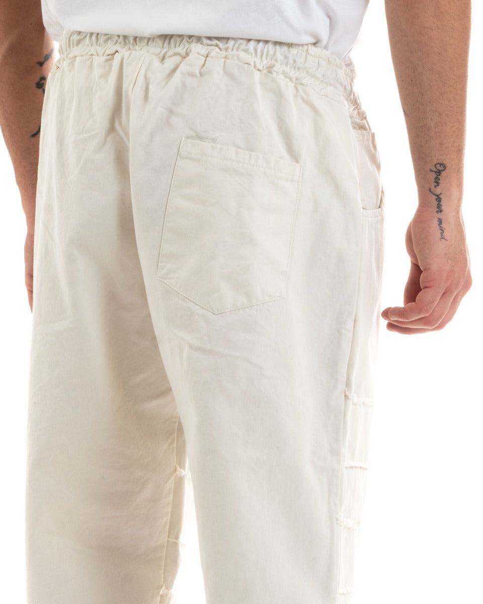 Pantaloni Uomo Denim Jogger Con Rotture Sfrangiato Pantalaccio Con Coulisse Ripped Casual Tinta Unita Panna GIOSAL-P5850A