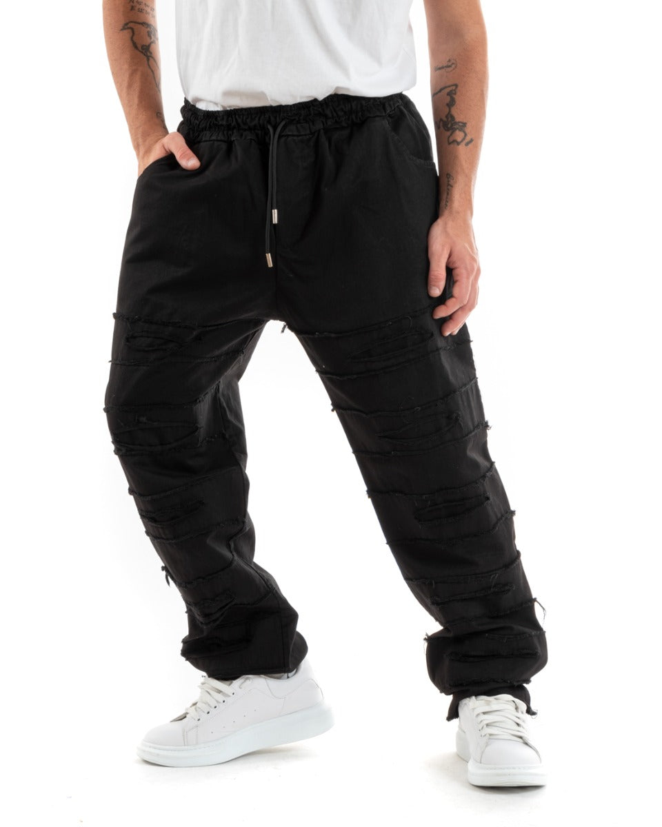 Pantaloni Uomo Denim Jogger Con Rotture Sfrangiato Pantalaccio Con Coulisse Ripped Casual Tinta Unita Nero GIOSAL-P5851A