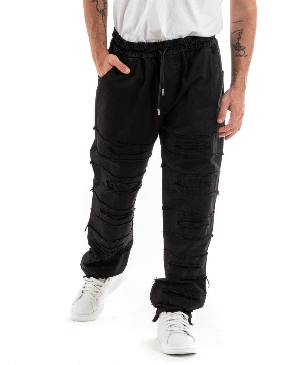 Pantaloni Uomo Denim Jogger Con Rotture Sfrangiato Pantalaccio Con Coulisse Ripped Casual Tinta Unita Nero GIOSAL-P5851A