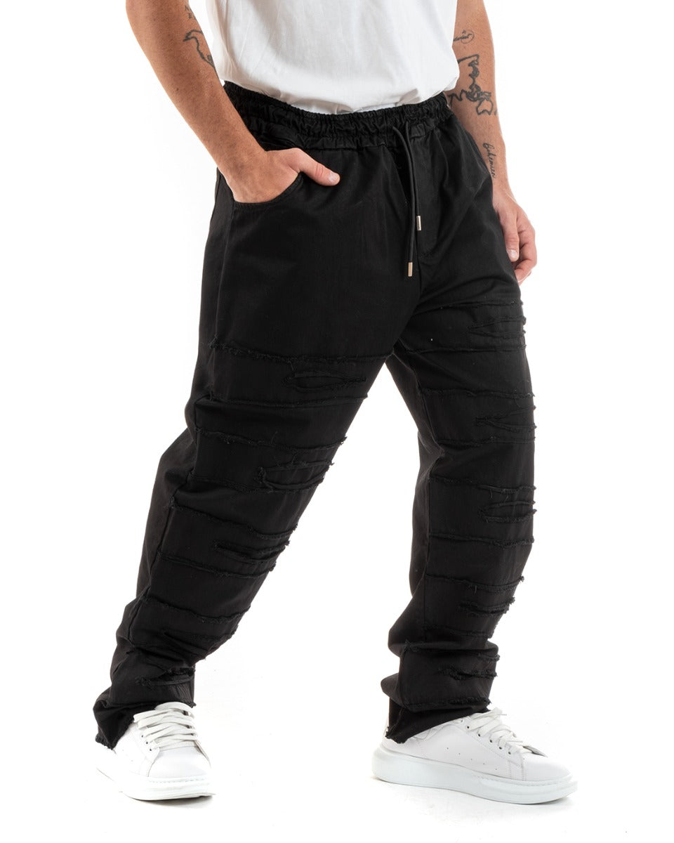 Pantaloni Uomo Denim Jogger Con Rotture Sfrangiato Pantalaccio Con Coulisse Ripped Casual Tinta Unita Nero GIOSAL-P5851A