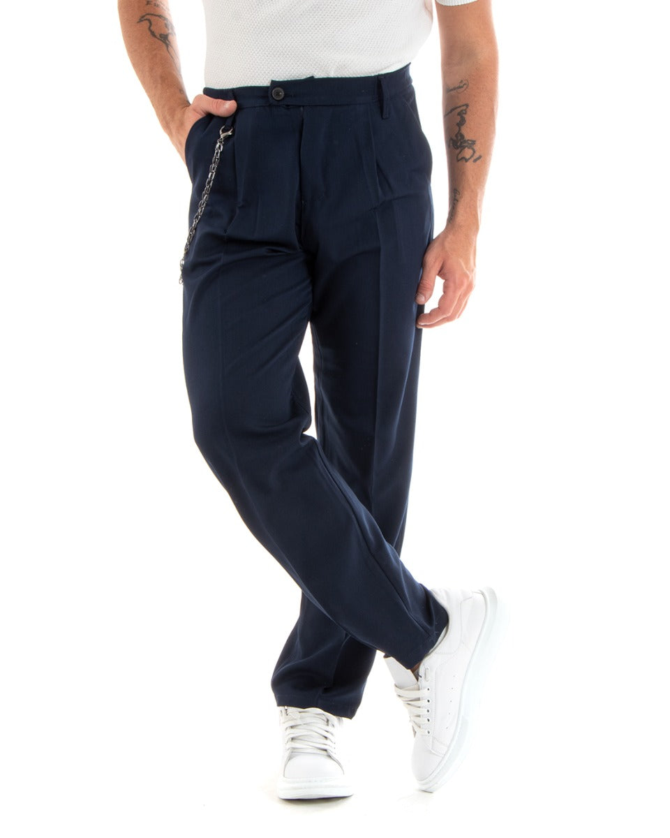 Pantaloni Uomo Lungo Viscosa Fondo Largo Elastico Sul Retro Abbottonatura Allungata Blu Casual Elegante GIOSAL-P5853A