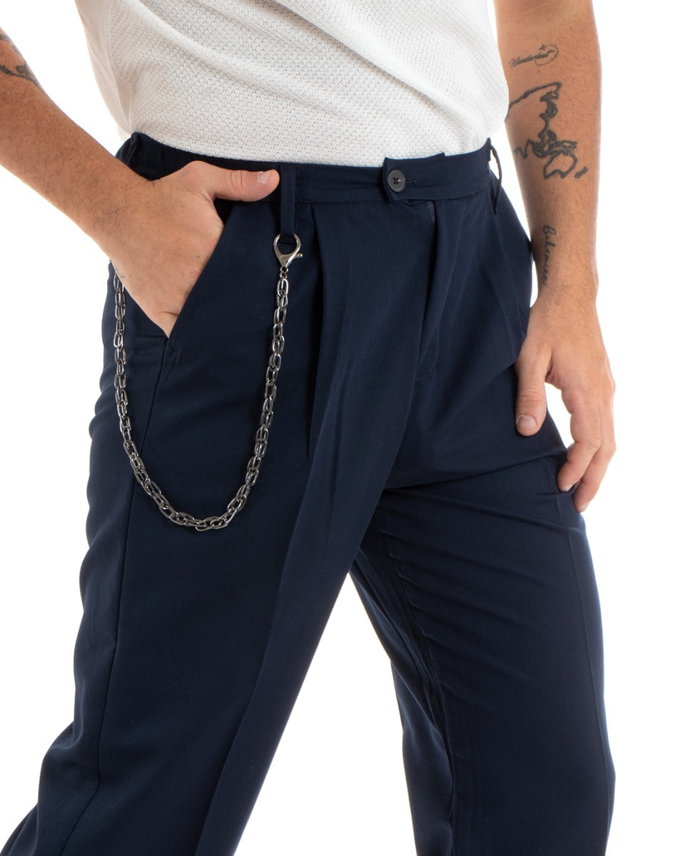 Pantaloni Uomo Lungo Viscosa Fondo Largo Elastico Sul Retro Abbottonatura Allungata Blu Casual Elegante GIOSAL-P5853A