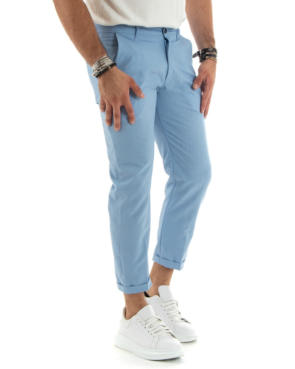 Pantaloni Uomo Lungo Tinta Unita Classico Elegante Tasca America Azzurro GIOSAL-P5864A