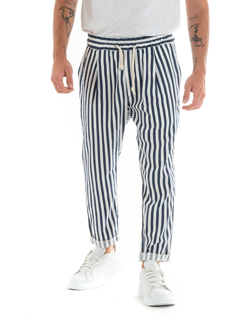 Pantaloni Uomo Pantalaccio Lungo Coulisse Elastico Cotone Viscosa Rigato Blu GIOSAL-P5868A