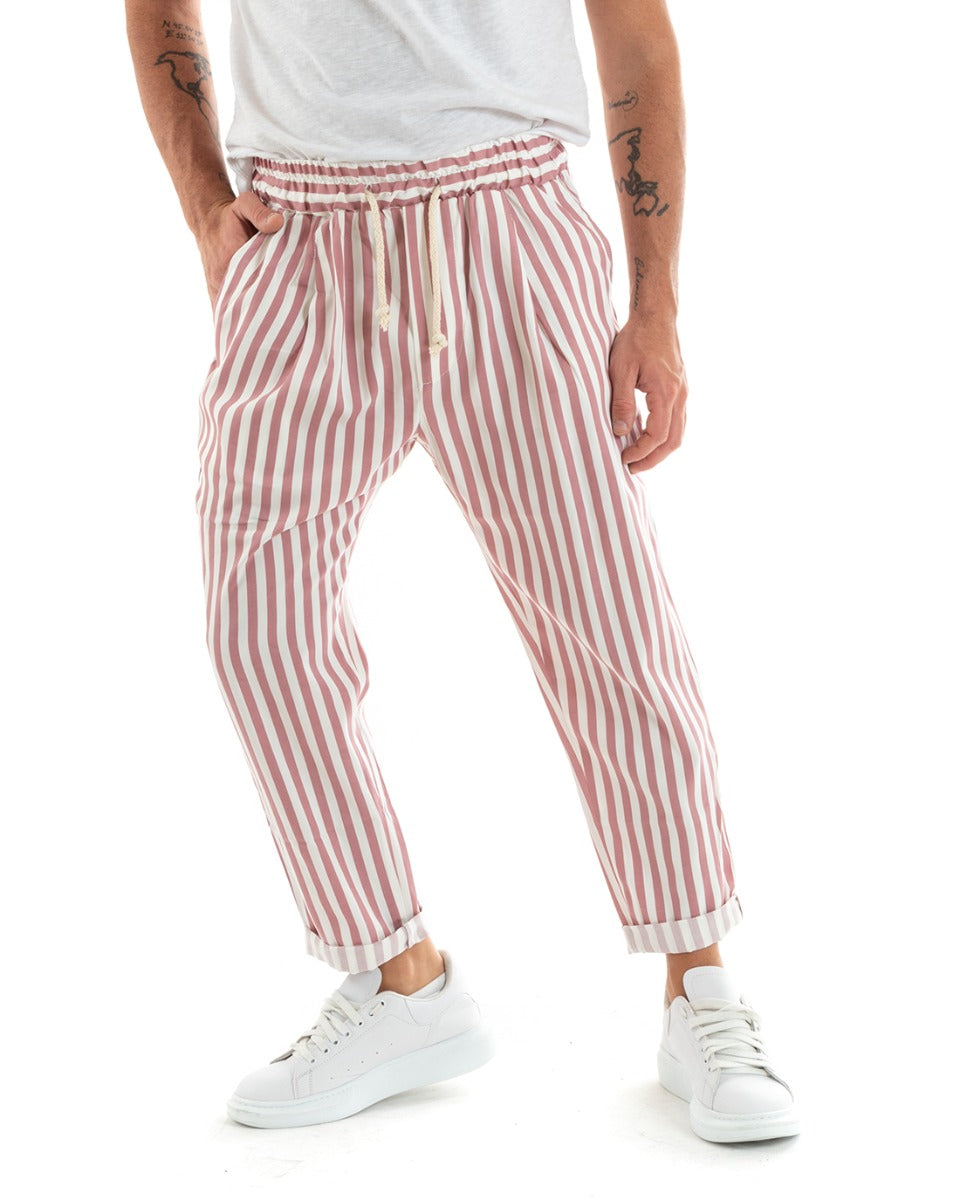 Pantaloni Uomo Pantalaccio Lungo Coulisse Elastico Cotone Viscosa Rigato Rosa GIOSAL-P5872A