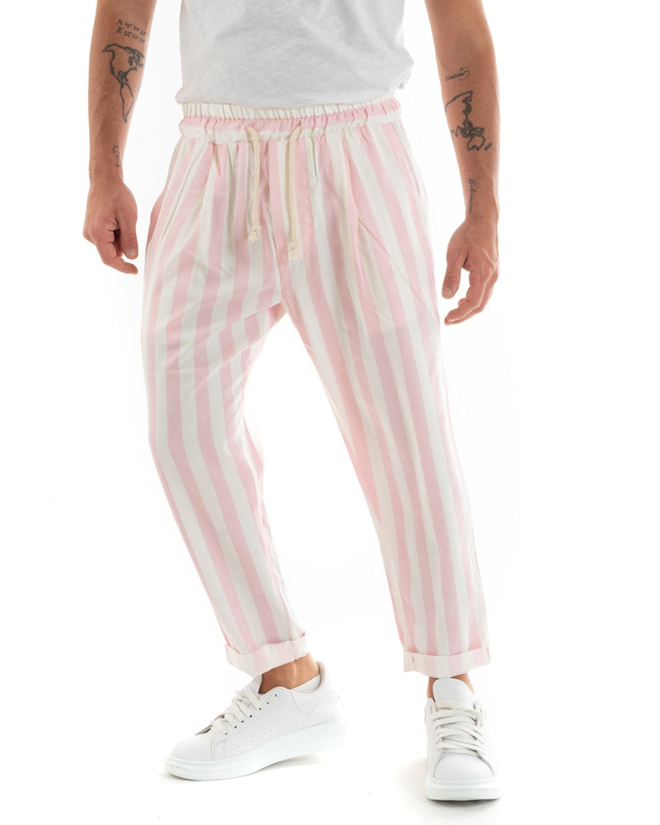 Pantaloni Uomo Pantalaccio Lungo Coulisse Elastico Cotone Viscosa Rigato Rosa GIOSAL-P5873A