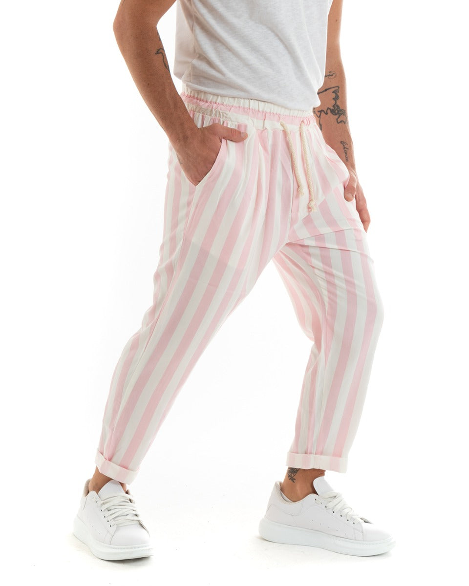 Pantaloni Uomo Pantalaccio Lungo Coulisse Elastico Cotone Viscosa Rigato Rosa GIOSAL-P5873A