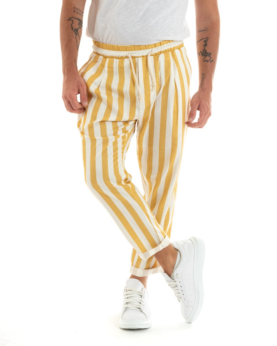 Pantaloni Uomo Pantalaccio Lungo Coulisse Elastico Cotone Viscosa Rigato Giallo GIOSAL-P5874A