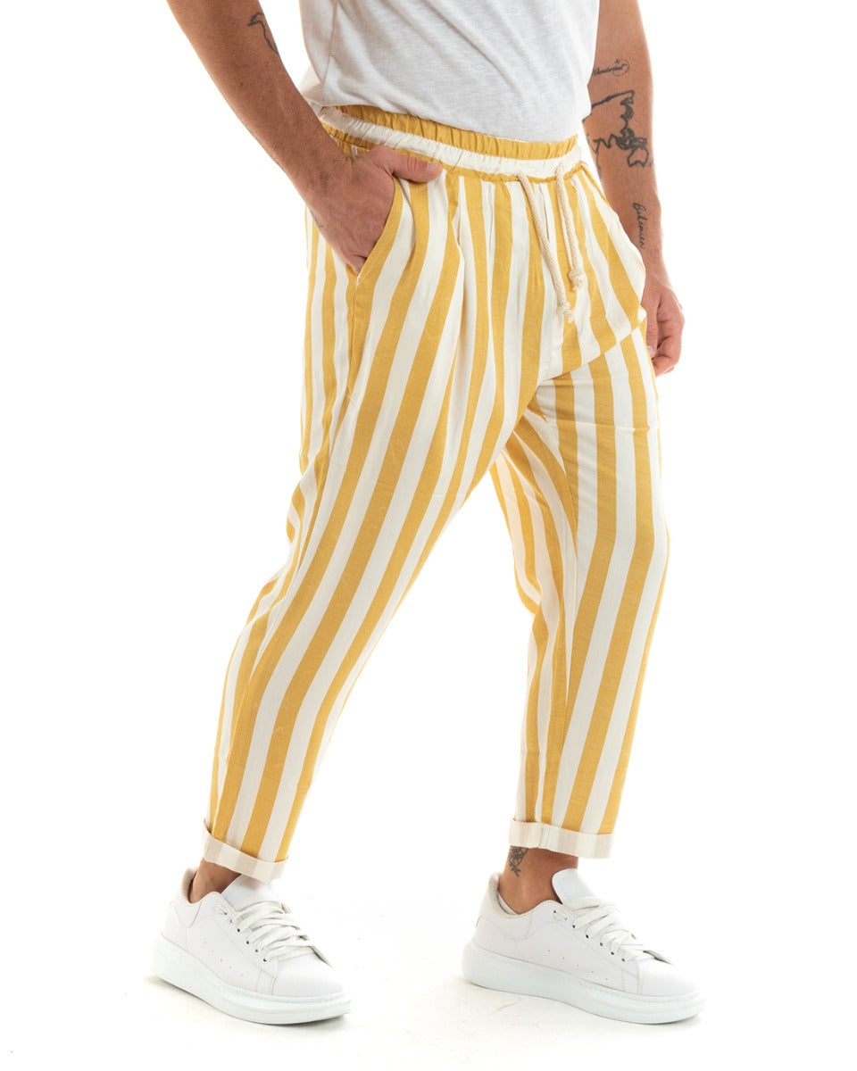 Pantaloni Uomo Pantalaccio Lungo Coulisse Elastico Cotone Viscosa Rigato Giallo GIOSAL-P5874A