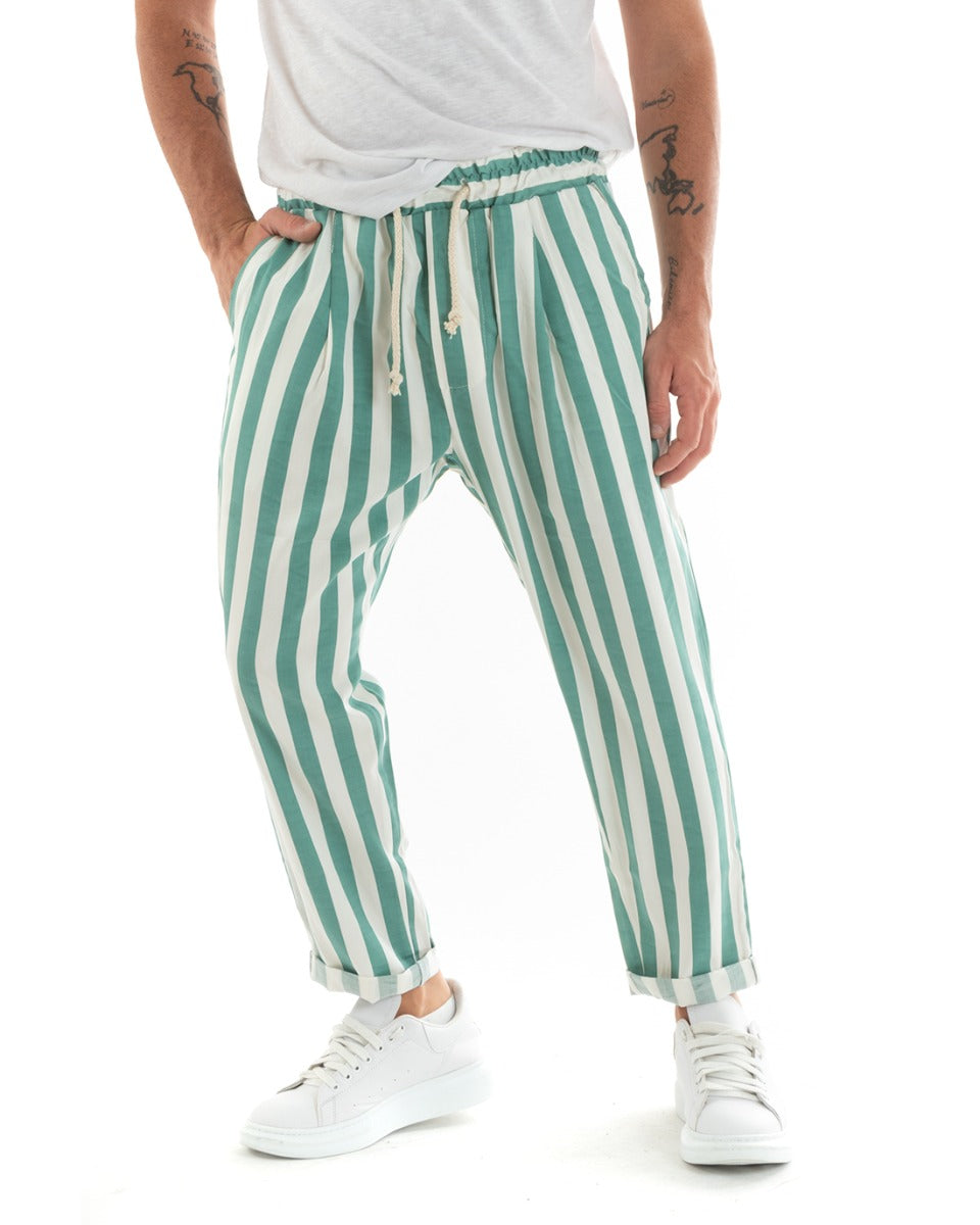 Pantaloni Uomo Pantalaccio Cotone Viscosa Lungo Jogger Casual Con Coulisse Con Elastico Rigato Verde GIOSAL-P5875A