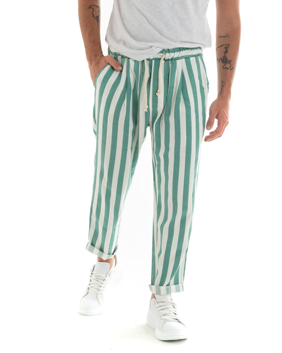 Pantaloni Uomo Pantalaccio Lungo Coulisse Elastico Cotone Viscosa Rigato Verde GIOSAL-P5875A