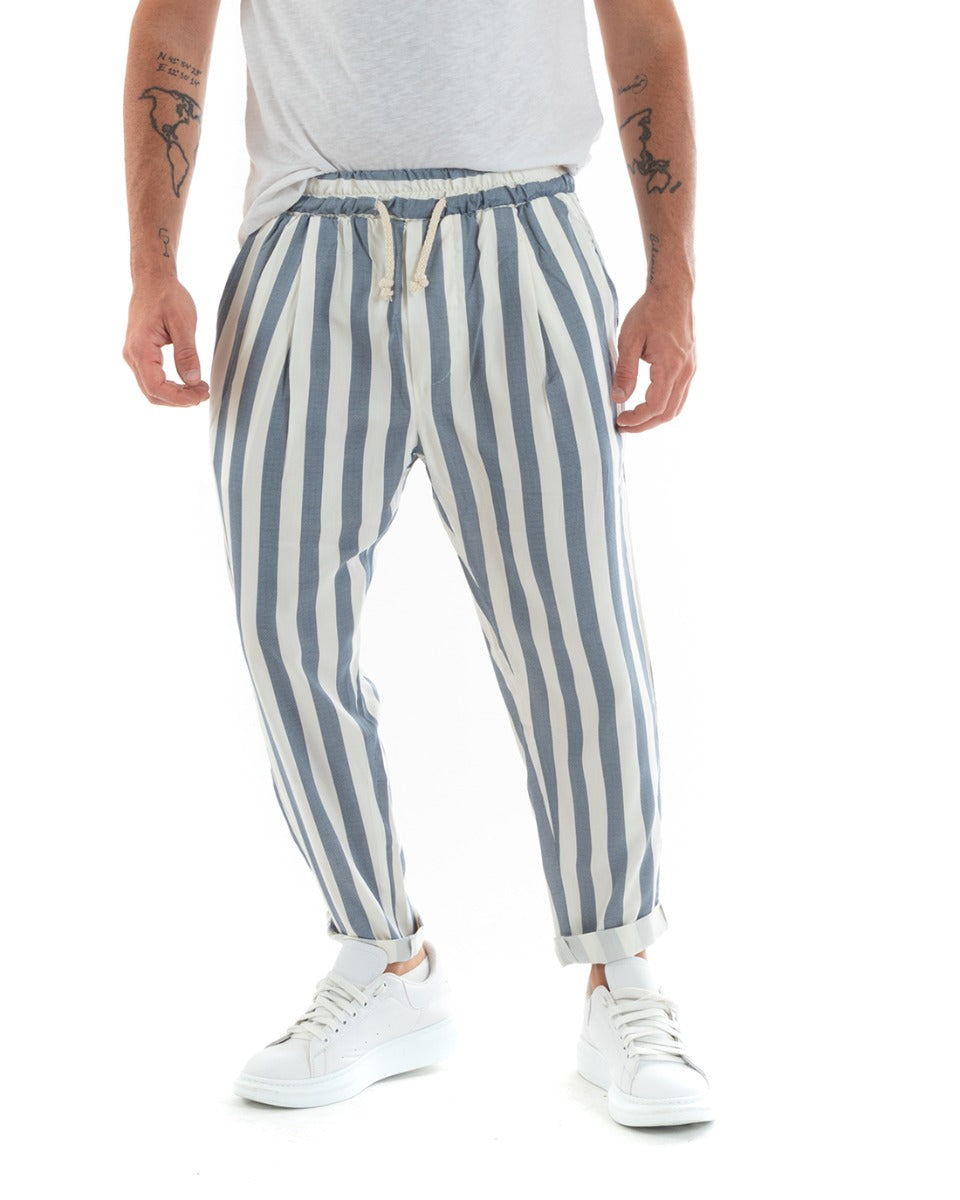 Pantaloni Uomo Pantalaccio Cotone Viscosa Lungo Jogger Casual Con Coulisse Con Elastico Rigato Blu GIOSAL-P5876A