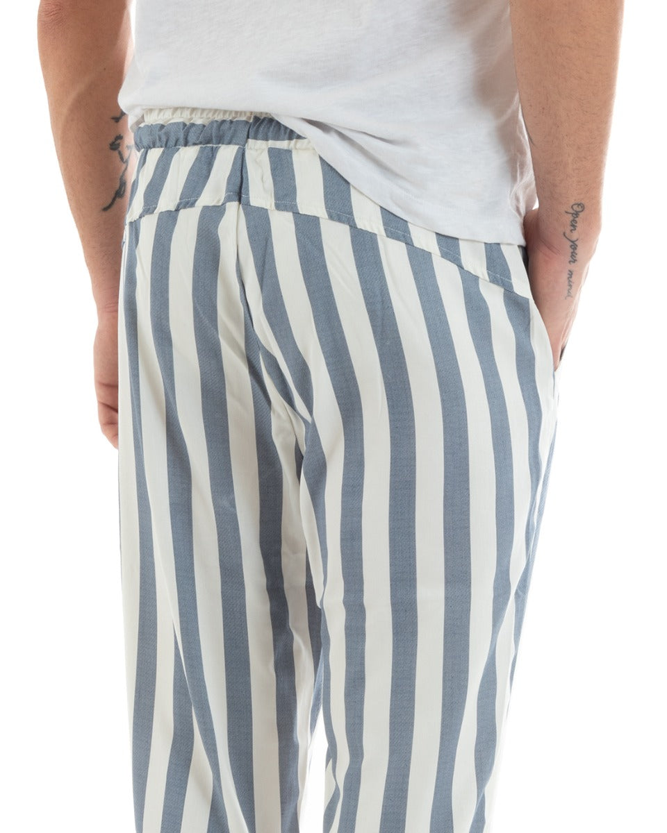 Pantaloni Uomo Pantalaccio Cotone Viscosa Lungo Jogger Casual Con Coulisse Con Elastico Rigato Blu GIOSAL-P5876A