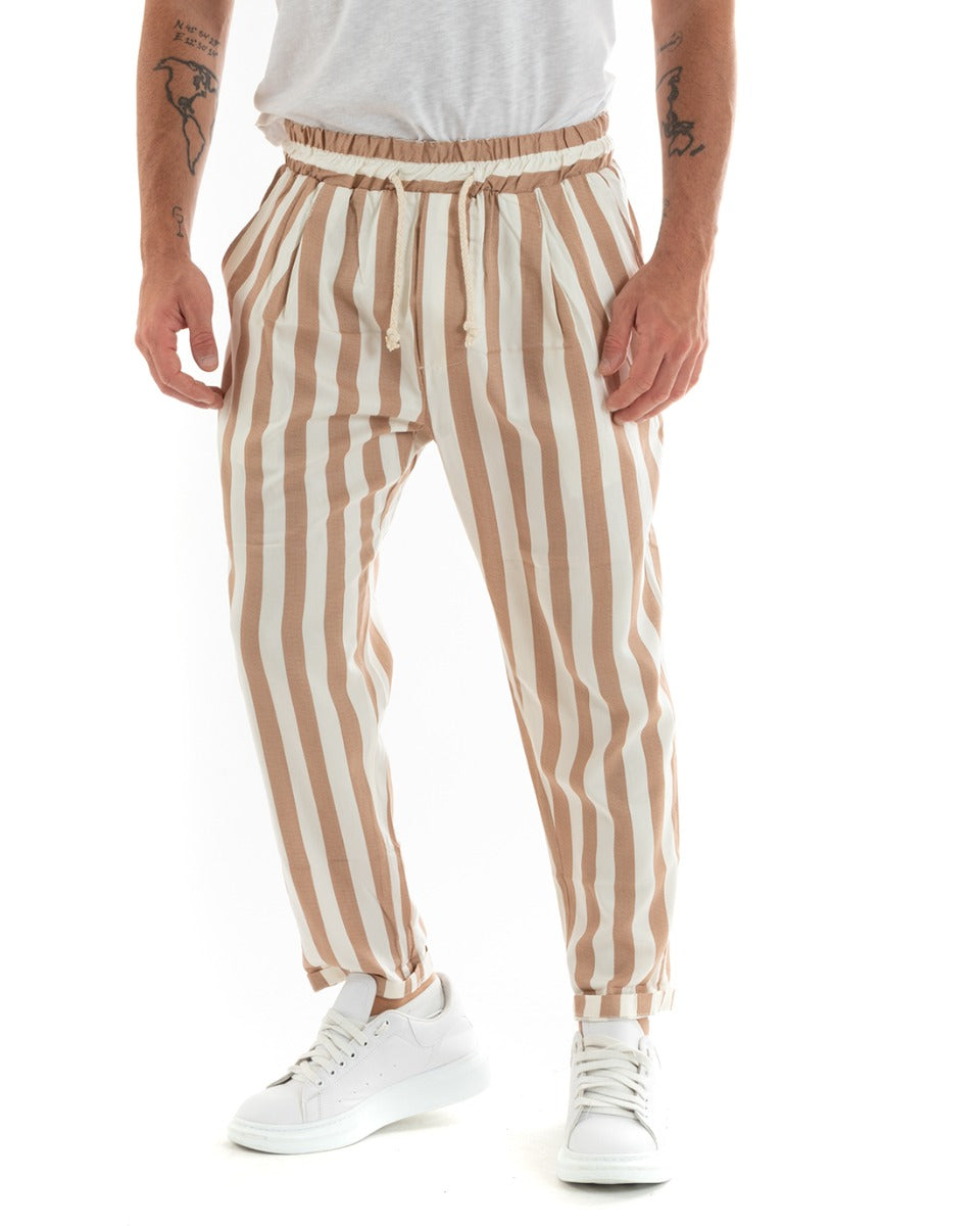 Pantaloni Uomo Pantalaccio Cotone Viscosa Lungo Jogger Casual Con Coulisse Con Elastico Rigato Beige GIOSAL-P5878A