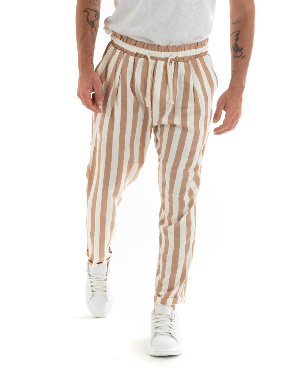 Pantaloni Uomo Pantalaccio Cotone Viscosa Lungo Jogger Casual Con Coulisse Con Elastico Rigato Beige GIOSAL-P5878A