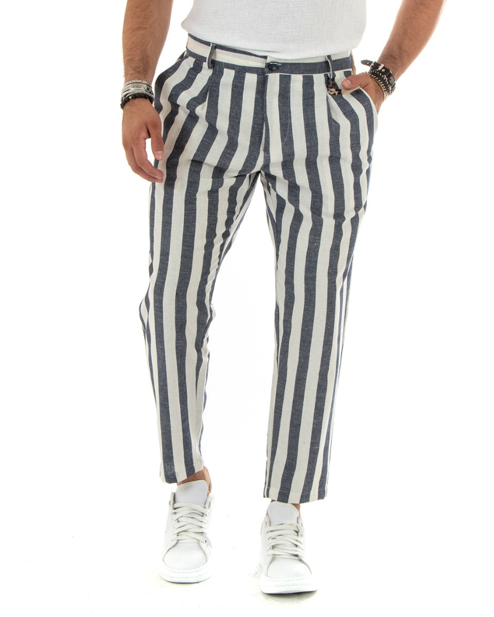 Pantaloni Uomo Lino Elegante Casual Con Catena Con Tasche America Con Elastico Sul Retro Rigato Bicolore Blu GIOSAL-P5880A