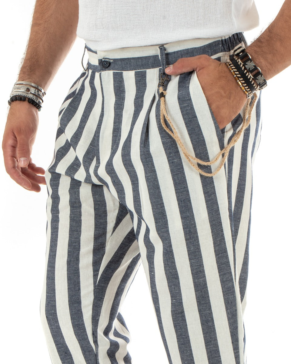 Pantaloni Uomo Lino Elegante Casual Con Catena Con Tasche America Con Elastico Sul Retro Rigato Bicolore Blu GIOSAL-P5880A