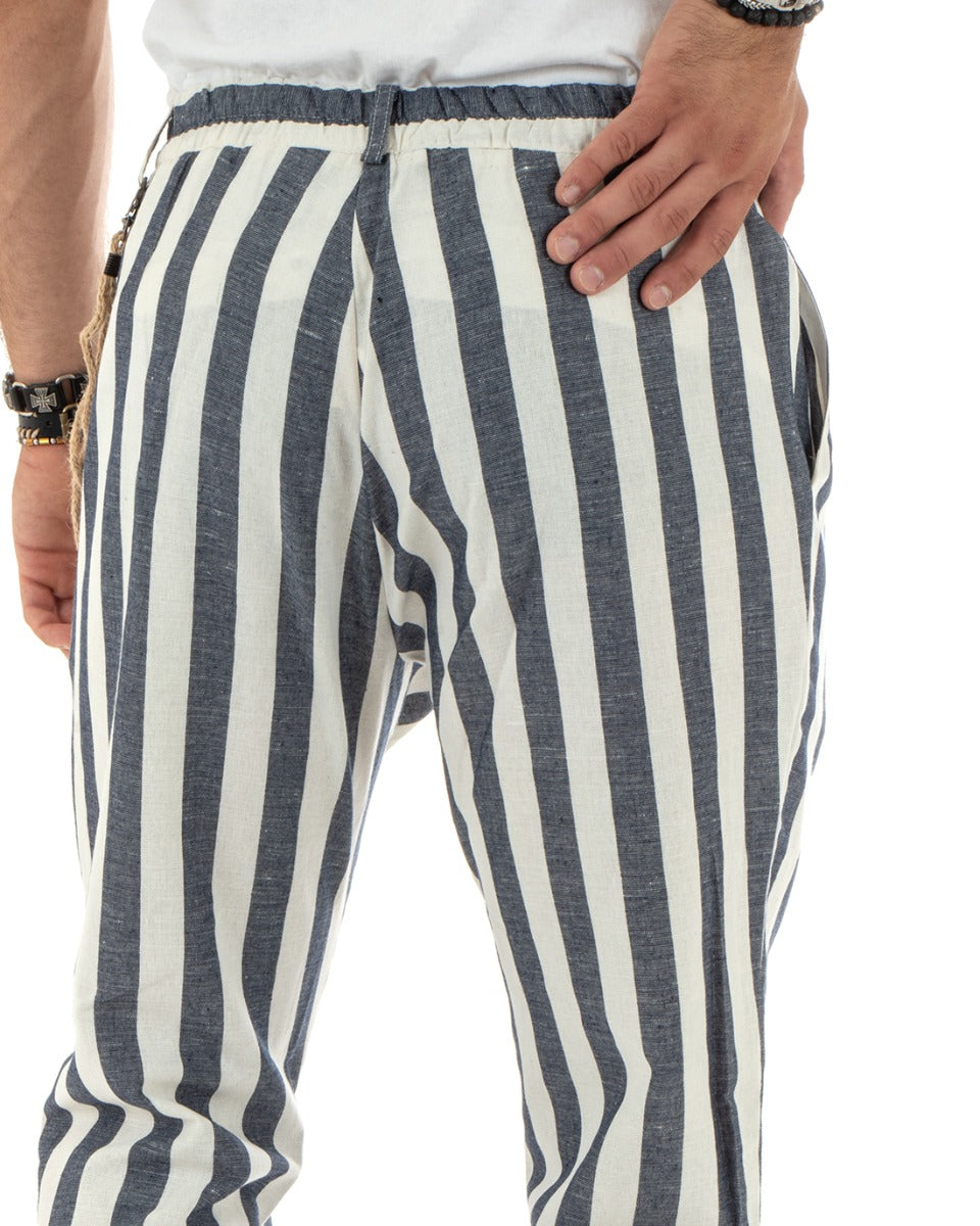 Pantaloni Uomo Lino Rigato Bicolore Blu Catena Elegante Casual Elastico Sul Retro GIOSAL-P5880A