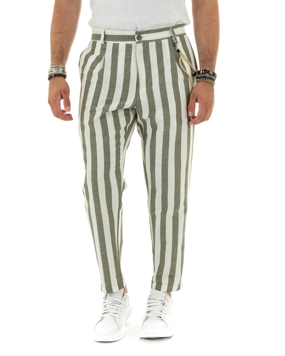 Pantaloni Uomo Lino Elegante Casual Con Catena Con Tasche America Con Elastico Sul Retro Rigato Bicolore Verde GIOSAL-P5881A
