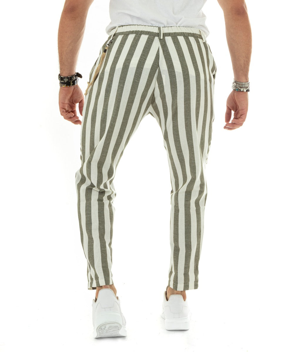 Pantaloni Uomo Lino Elegante Casual Con Catena Con Tasche America Con Elastico Sul Retro Rigato Bicolore Verde GIOSAL-P5881A