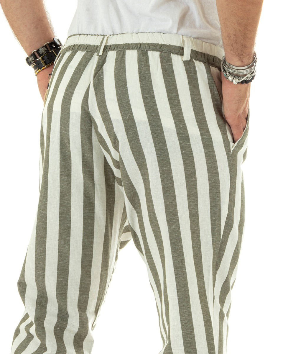Pantaloni Uomo Lino Elegante Casual Con Catena Con Tasche America Con Elastico Sul Retro Rigato Bicolore Verde GIOSAL-P5881A
