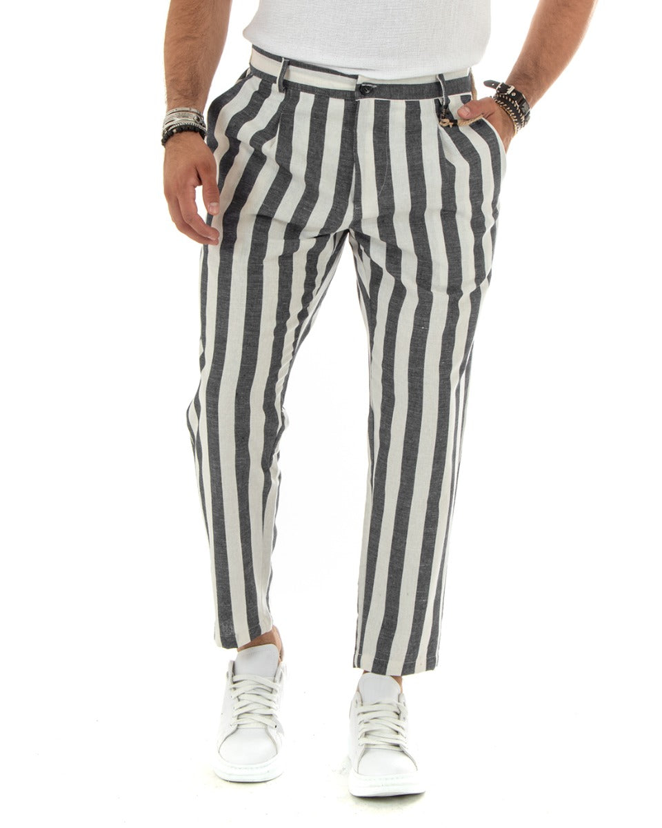 Pantaloni Uomo Lino Elegante Casual Con Catena Con Tasche America Con Elastico Sul Retro Rigato Bicolore Nero GIOSAL-P5882A