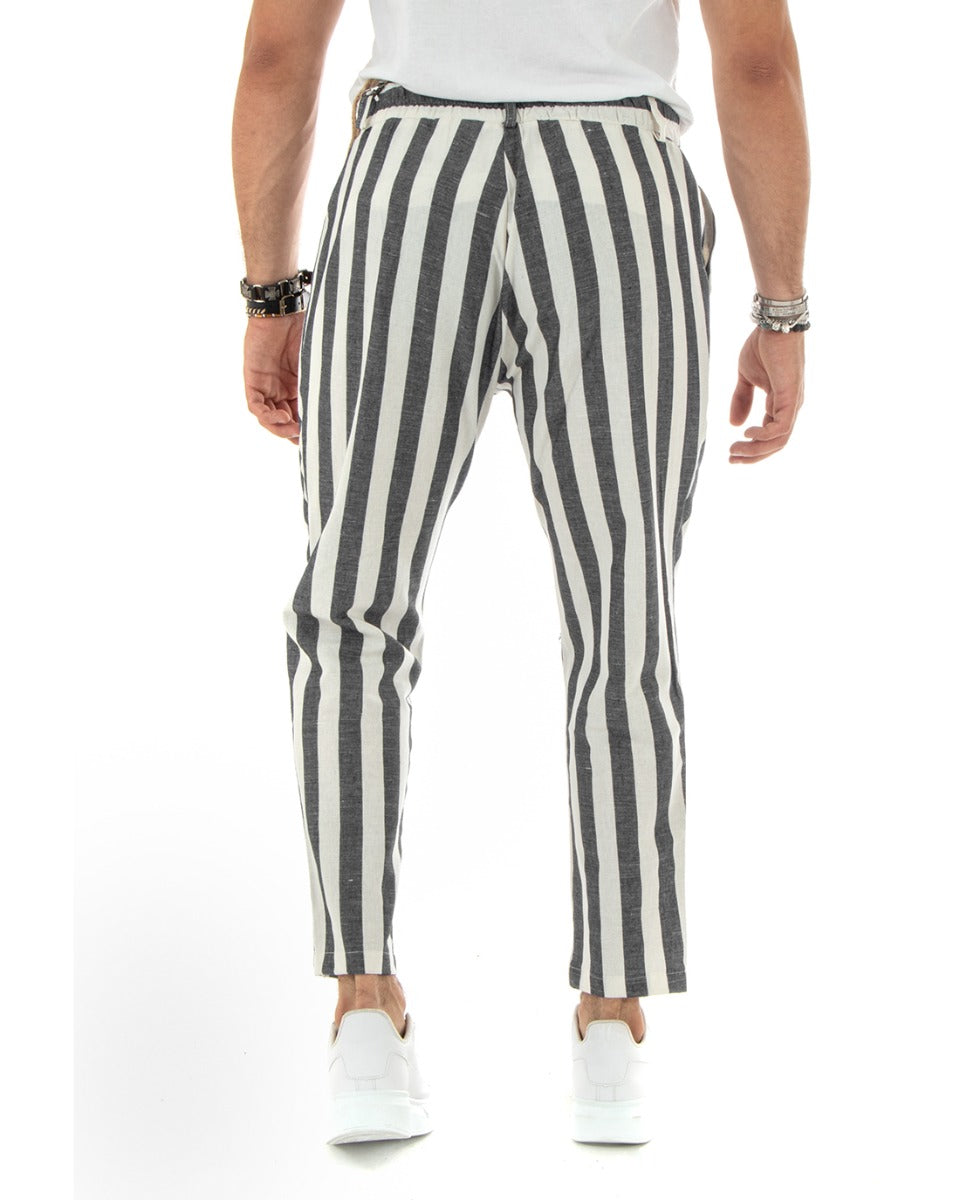 Pantaloni Uomo Lino Elegante Casual Con Catena Con Tasche America Con Elastico Sul Retro Rigato Bicolore Nero GIOSAL-P5882A