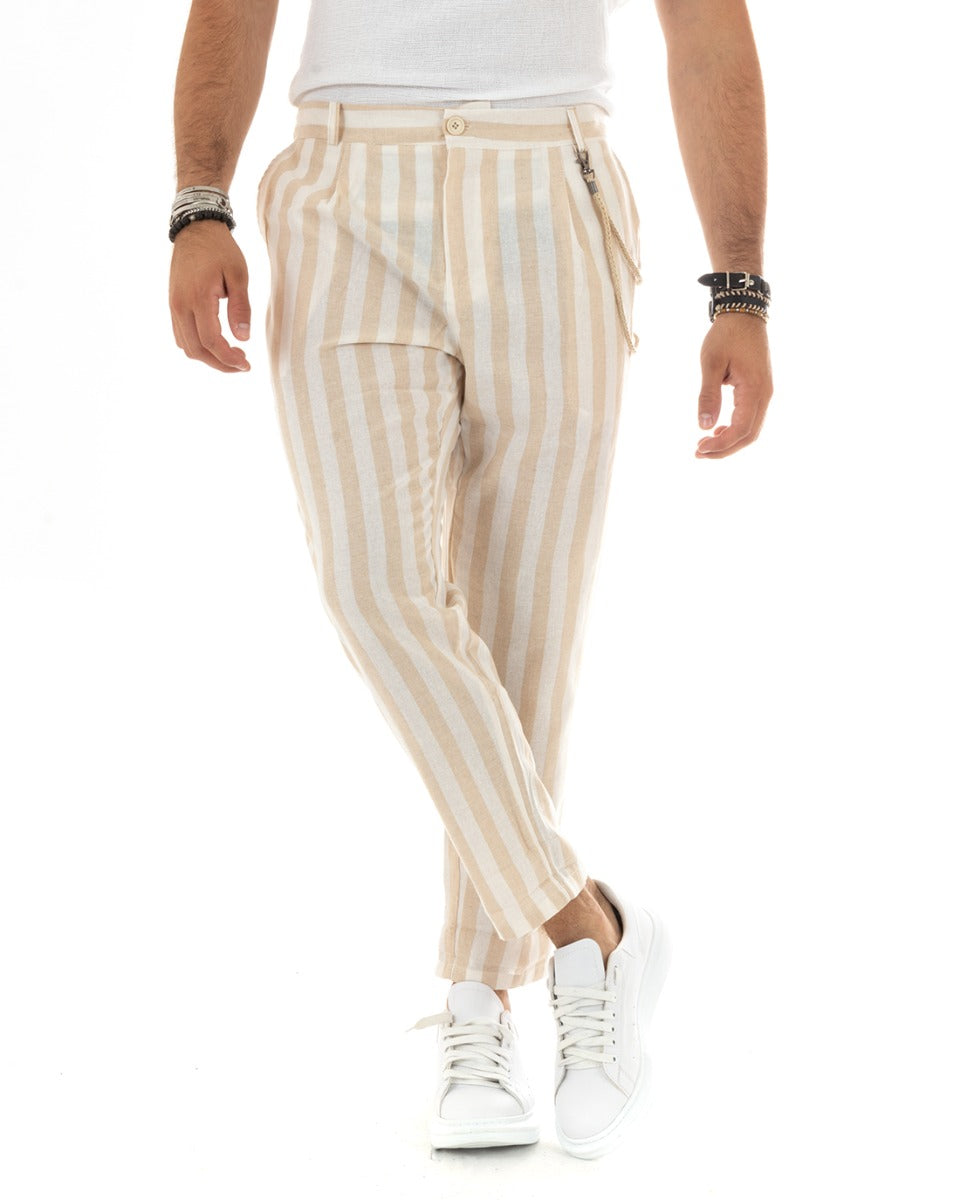 Pantaloni Uomo Lino Rigato Bicolore Beige Catena Elegante Casual Elastico Sul Retro GIOSAL-P5883A