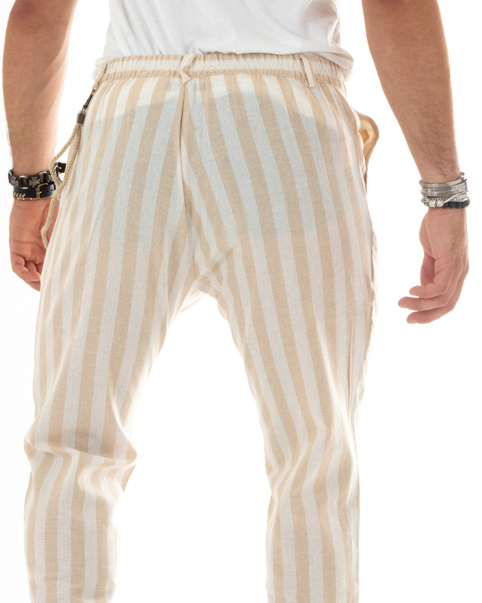 Pantaloni Uomo Lino Rigato Bicolore Beige Catena Elegante Casual Elastico Sul Retro GIOSAL-P5883A