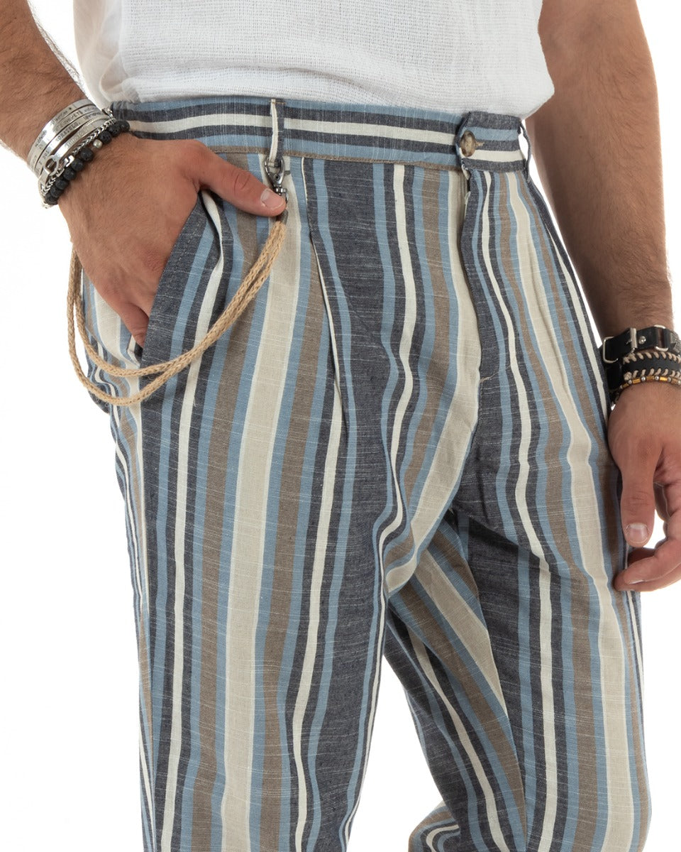 Pantaloni Uomo Lino Rigato Bicolore Blu Catena Elegante Casual Elastico Sul Retro GIOSAL-P5884A
