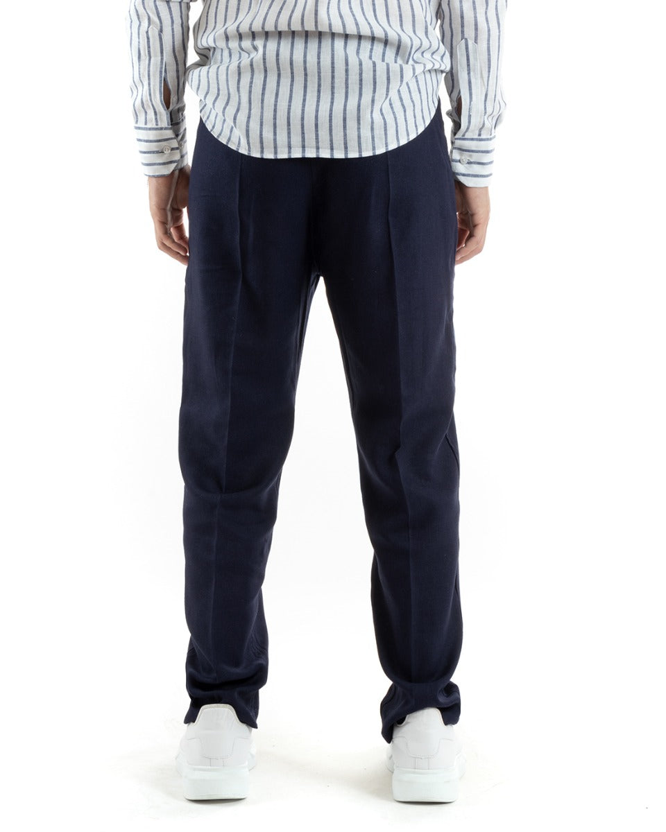 Pantaloni Uomo Baggy Lungo Abbottonatura Allungata Elastico Sul Retro Lino Blu Casual GIOSAL-P5891A