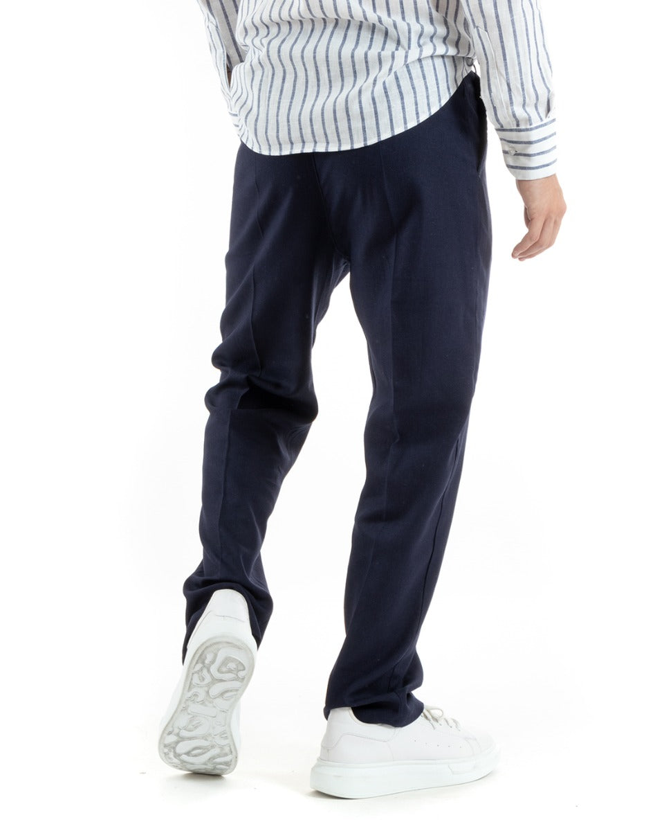Pantaloni Uomo Baggy Lungo Abbottonatura Allungata Elastico Sul Retro Lino Blu Casual GIOSAL-P5891A