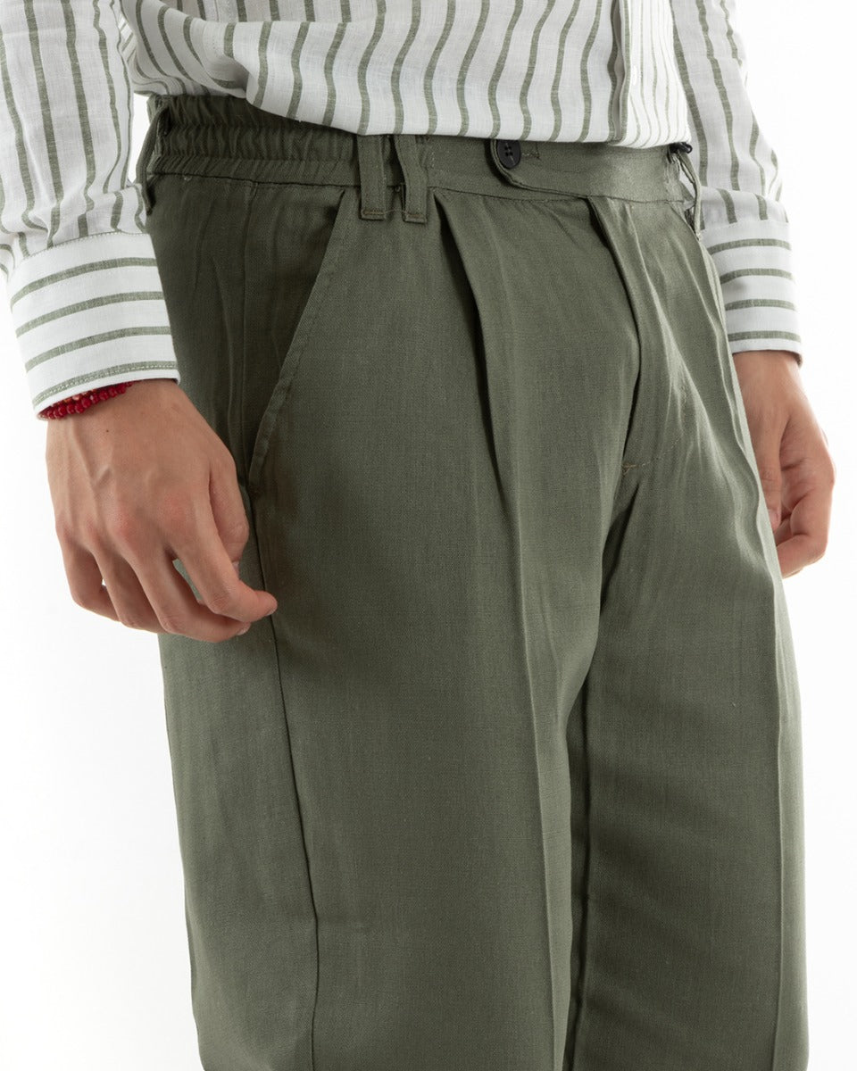 Pantaloni Uomo Baggy Lungo Abbottonatura Allungata Elastico Sul Retro Lino Verde Casual GIOSAL-P5893A