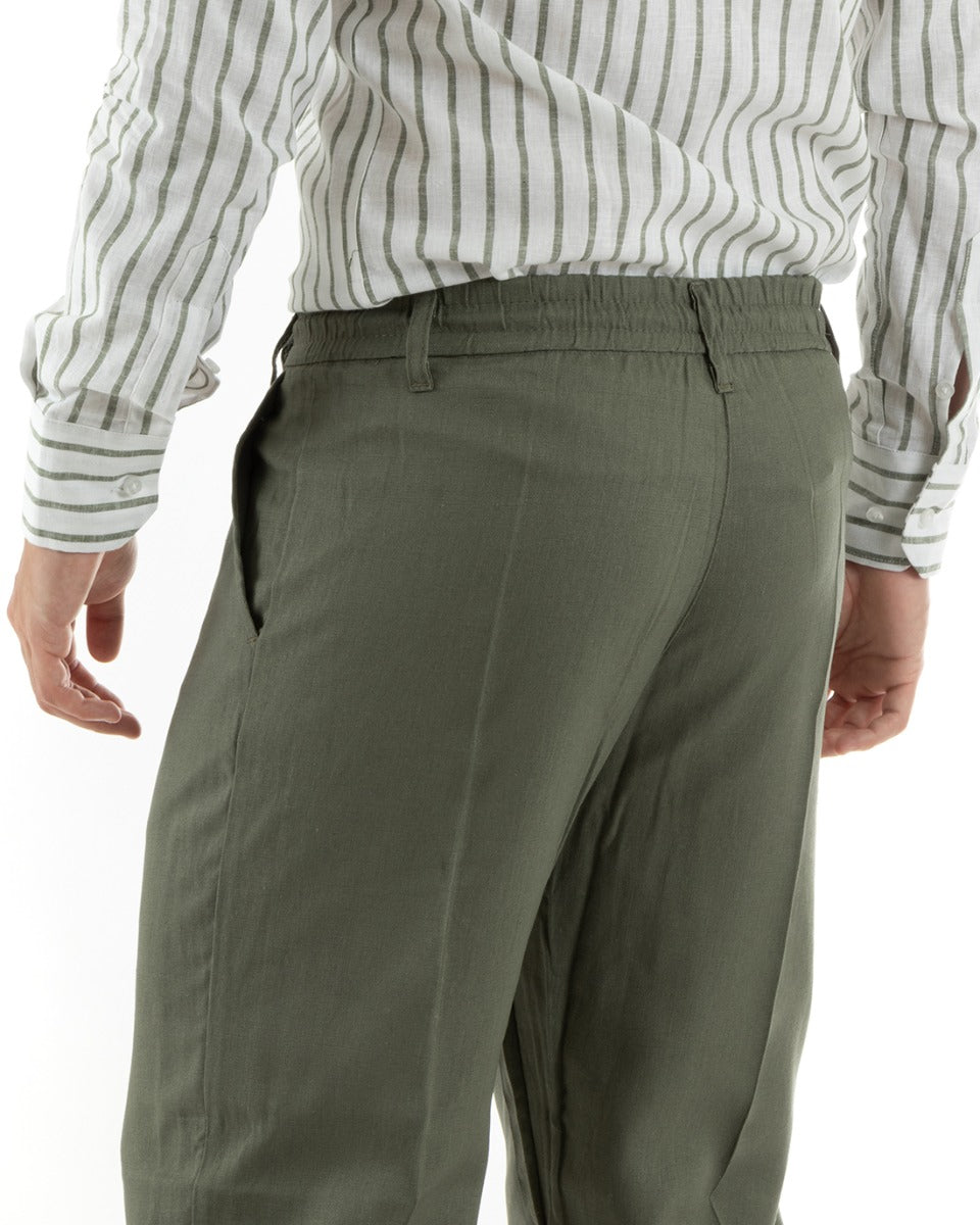 Pantaloni Uomo Baggy Lungo Abbottonatura Allungata Elastico Sul Retro Lino Verde Casual GIOSAL-P5893A