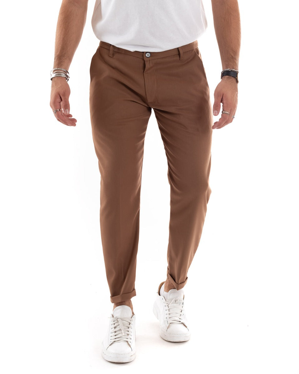 Pantaloni Uomo Tasca America Lungo Classico Casual Tinta Unita Camel GIOSAL-P5899A