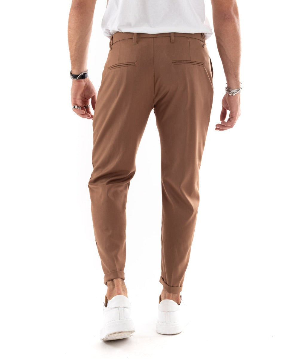 Pantaloni Uomo Tasca America Lungo Classico Casual Tinta Unita Camel GIOSAL-P5899A