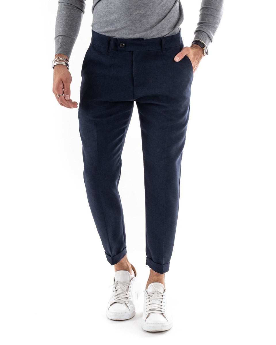 Pantaloni Uomo Tasca America Classico Blu Melangiato Abbottonatura Allungata Casual GIOSAL-P5910A