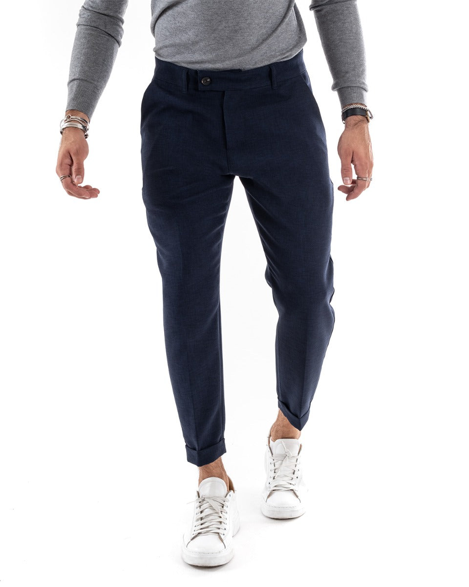 Pantaloni Uomo Tasca America Classico Blu Melangiato Abbottonatura Allungata Casual GIOSAL-P5910A