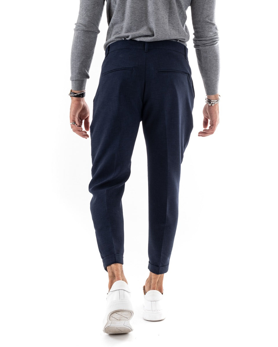 Pantaloni Uomo Tasca America Classico Blu Melangiato Abbottonatura Allungata Casual GIOSAL-P5910A