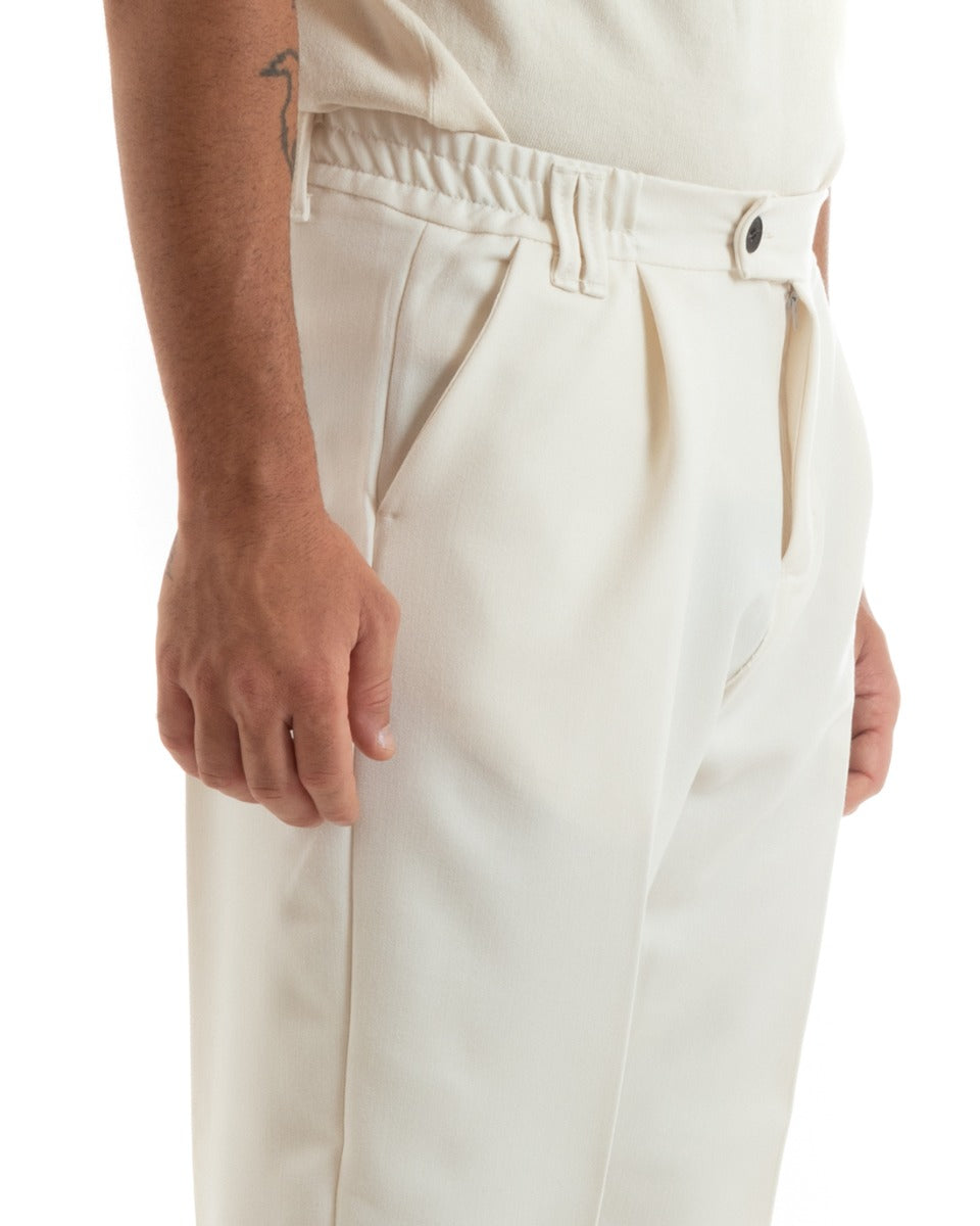 Pantaloni Uomo Baggy Lungo Fondo Largo Elastico Sul Retro Abbottonatura Allungata Panna Casual Elegante GIOSAL-P5915A
